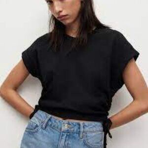 AllSaints Mira Crop Cuffed Short Sleeve Ruched Drawstring Mid-Drift Solid Tee L